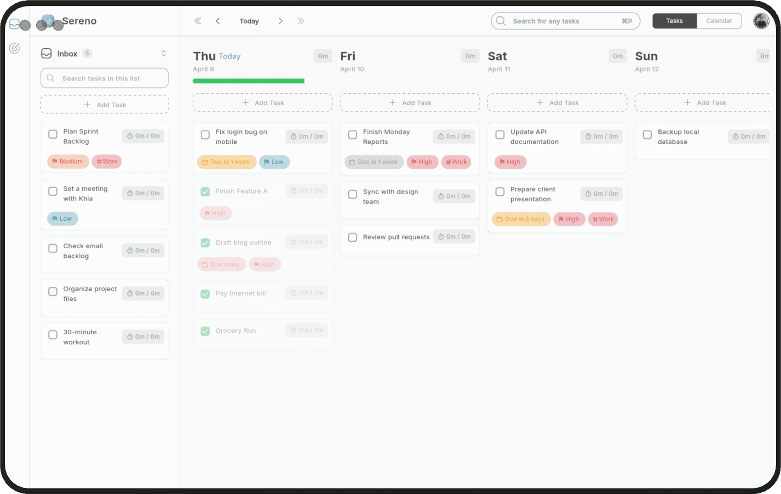 Sereno Planner web application showing weekly task view with calendar sync